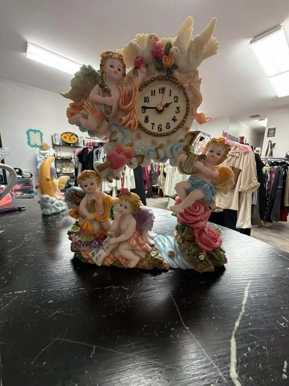 Vintage Ceramic Cherub Angel and Doves Floral Mantel Quartz Clock